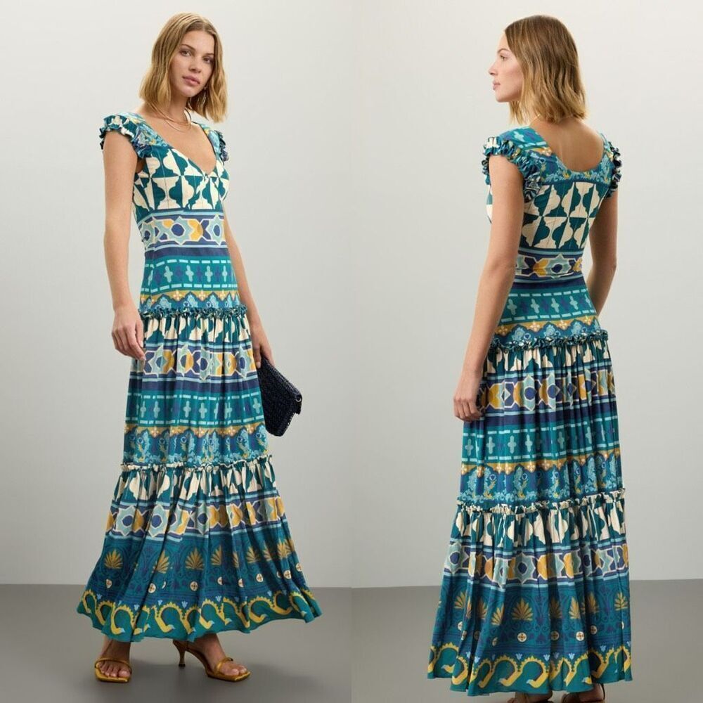 La DoubleJ Dress Pimento Blue Printed V-Neck Short Sleeve‎ Maxi Dress Size XS